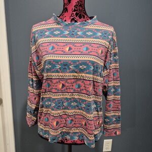 Vtg Nuovo Top Womens Large Pink Blue Southwestern Aztec Cotton 80s 90s *Flaws